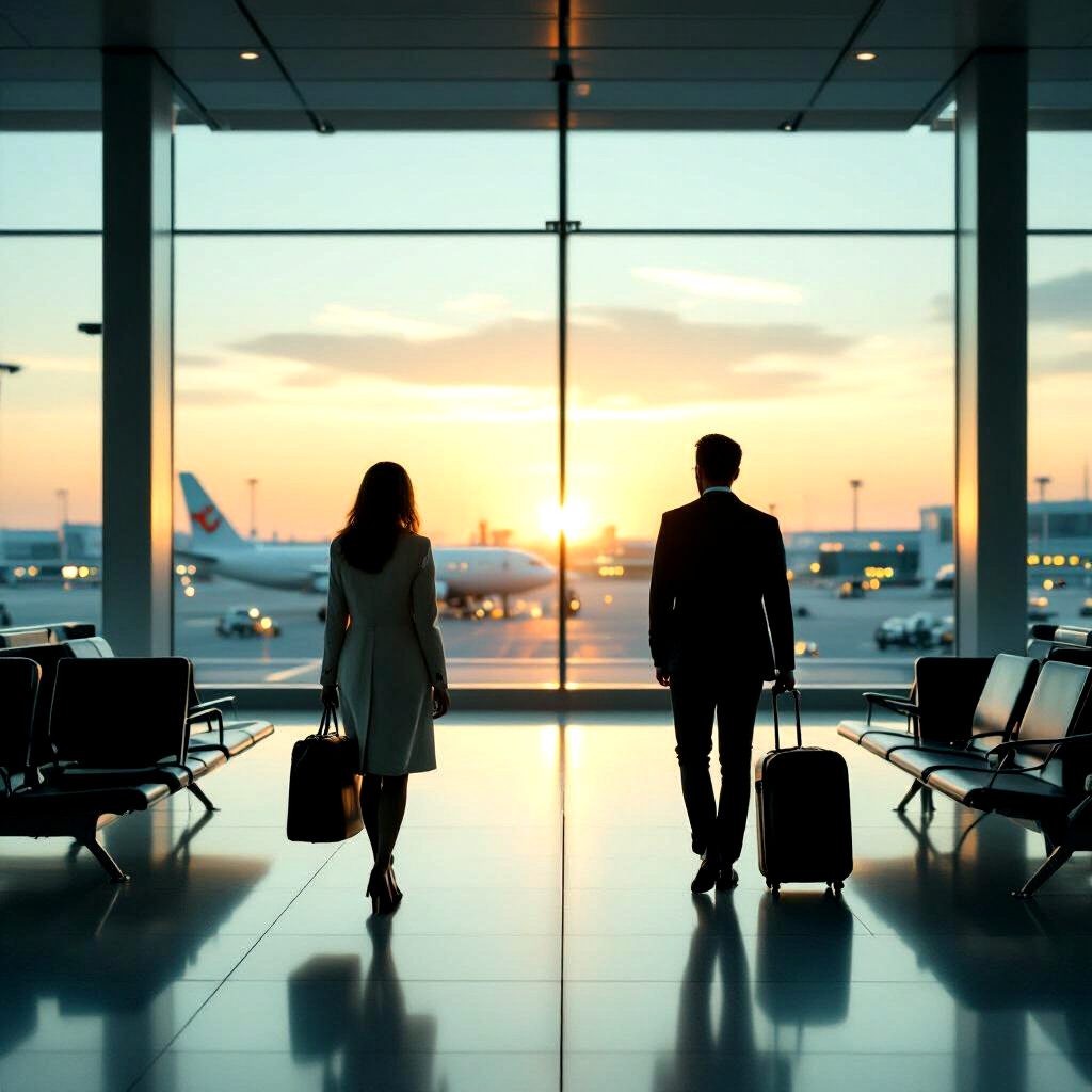 business travellers in airport at dusk