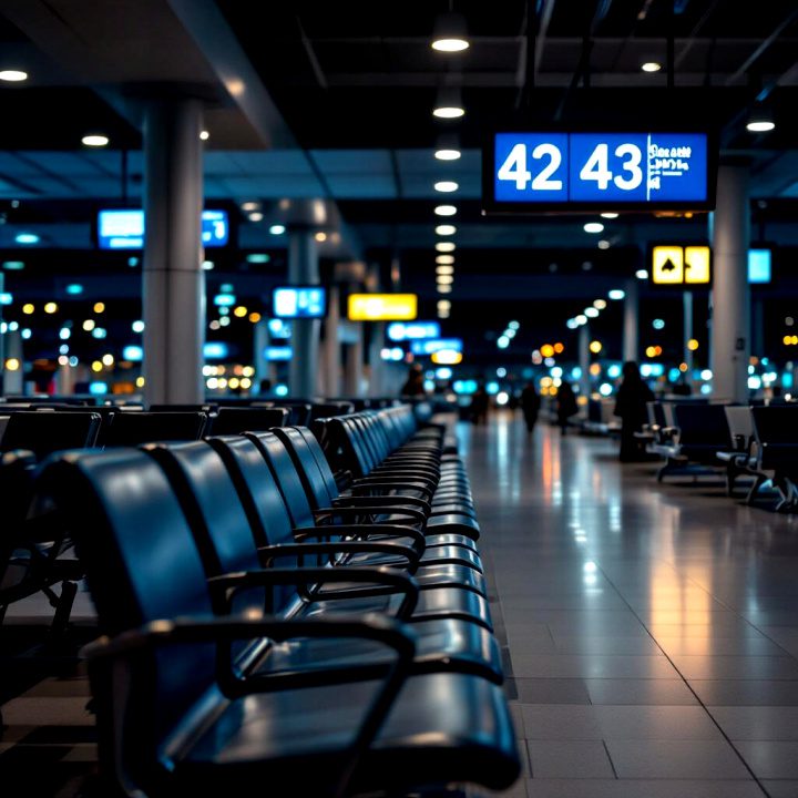 Empty late-night airport gate 42 with scattered passengers waiting for a delayed flight; moody blue lighting, travel humour tone.